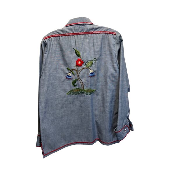 Vintage Montgomery Ward Embroidered Chambray Shirt Red Stitching Floral & Bird D - Picture 13 of 13